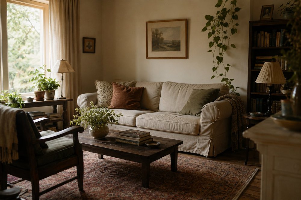 A warm, quietly cared-for living room with natural light